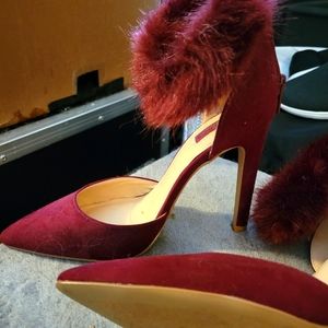 forever21 Red Heels With Faux Fur Ankle Strap